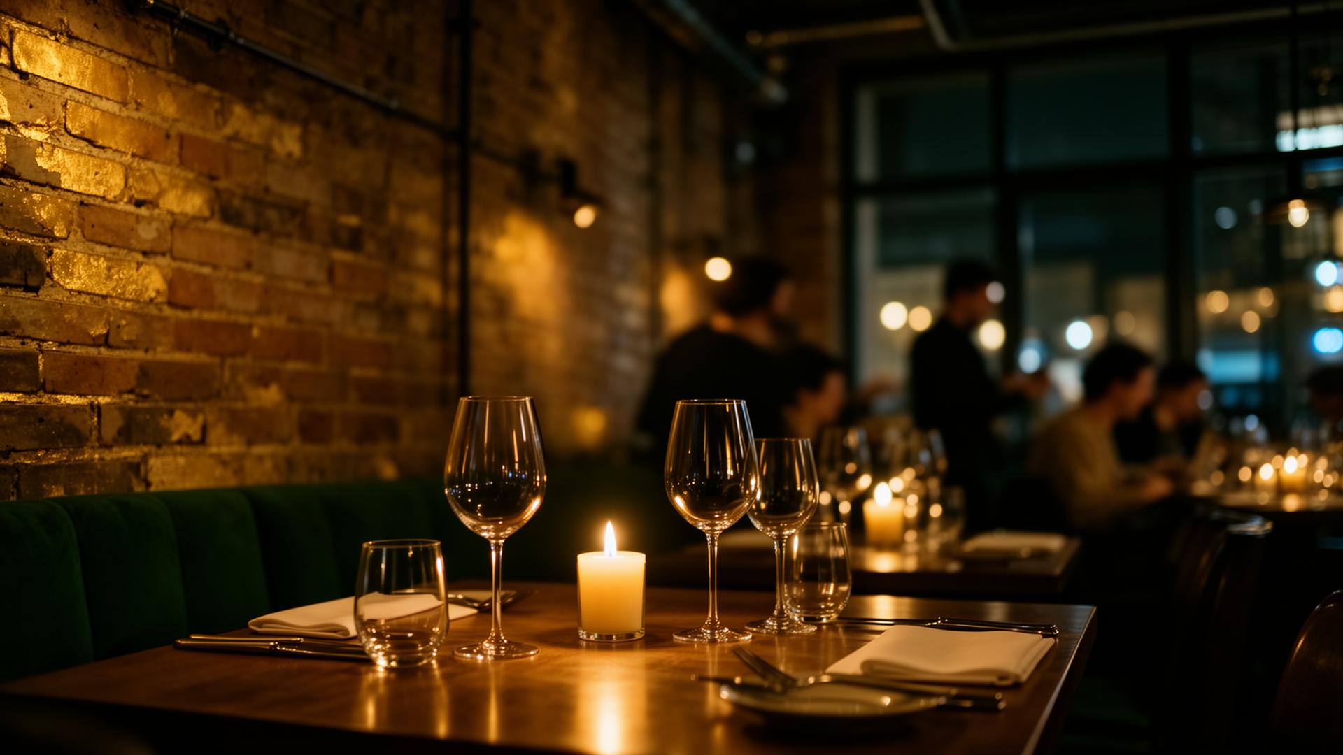 Varm restaurangmiljö med levande ljus och vinglas på Magasinet i Knäppingsborg